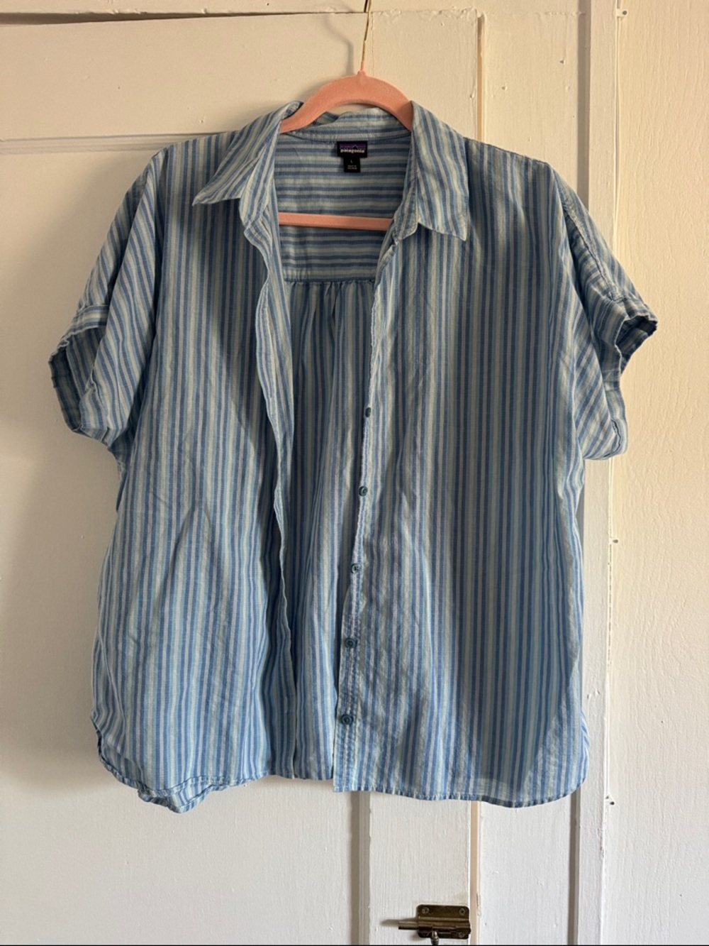 Patagonia Light Blue Striped Short-Sleeve Button-Down Hiking Shirt